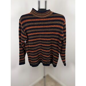 Erika & Co Womens Metallic Striped Mock Neck Sweater Copper‎ Gold Navy Blue